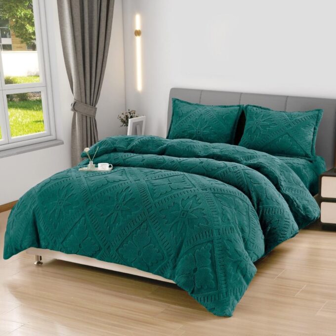 Lenjerie de Pat Dublu, CoCoLiNo Ultra Pufoasa, 4 piese, Cearsaf cu ELASTIC, Model Traditional 3D, Verde 1 Lenjerie de Pat Dublu, CoCoLiNo Ultra Pufoasa, 4 piese, Cearsaf cu ELASTIC, Model Traditional 3D, Verde