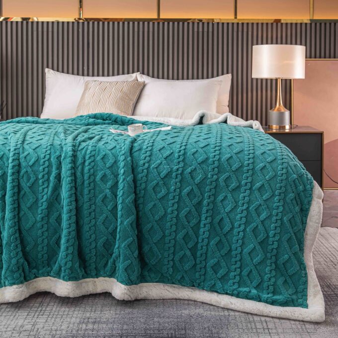 Patura CoCoLiNo tip Tricotaj cu blanita, 200x230cm, Jojo Home, Turquoise