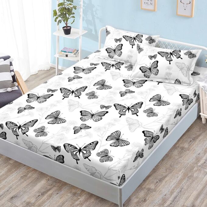 Cearsaf cu Elastic, Bumbac Satinat, 180x200 cm + 2 Fete de Perna 50x70 cm, Alb, fluturi