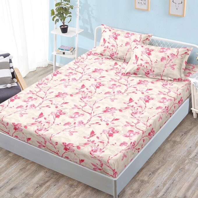 Cearsaf cu Elastic, Bumbac Satinat, 180x200 cm + 2 Fete de Perna 50x70 cm, Crem, floricele