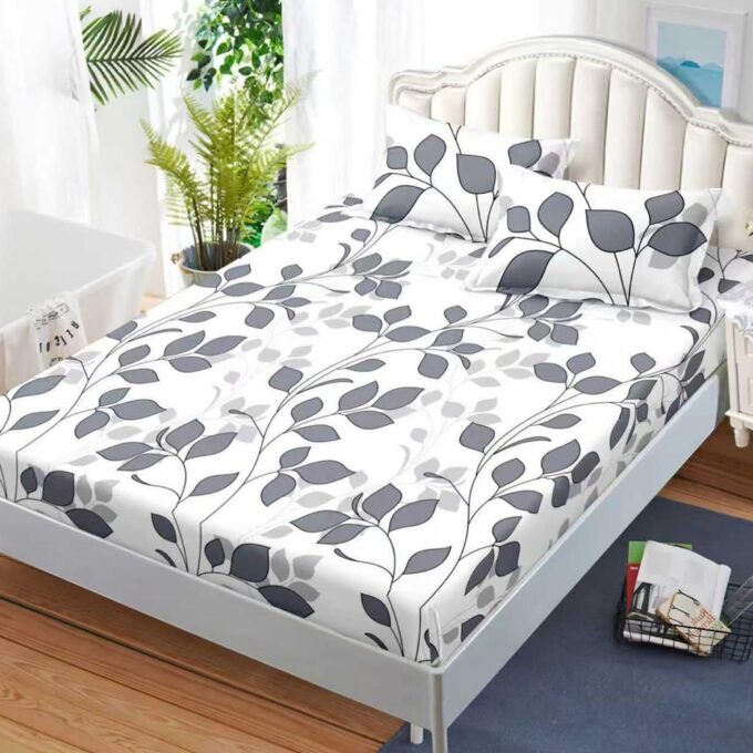 Cearsaf cu Elastic, Bumbac Satinat, 180x200 cm + 2 Fete de Perna 50x70 cm, Alb, frunze gri 1 Cearsaf cu Elastic, Bumbac Satinat, 180x200 cm + 2 Fete de Perna 50x70 cm, Alb, frunze gri
