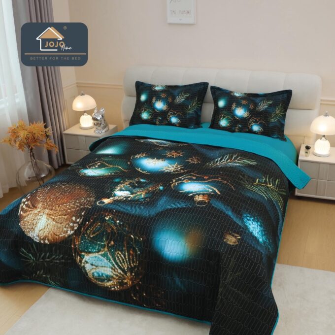 Cuvertura Matlasata, Bumbac Finet, cu Imprimeu 5D, 220x240cm + 2 fete de perna 50x70cm, Negru, Turquoise, Globulete