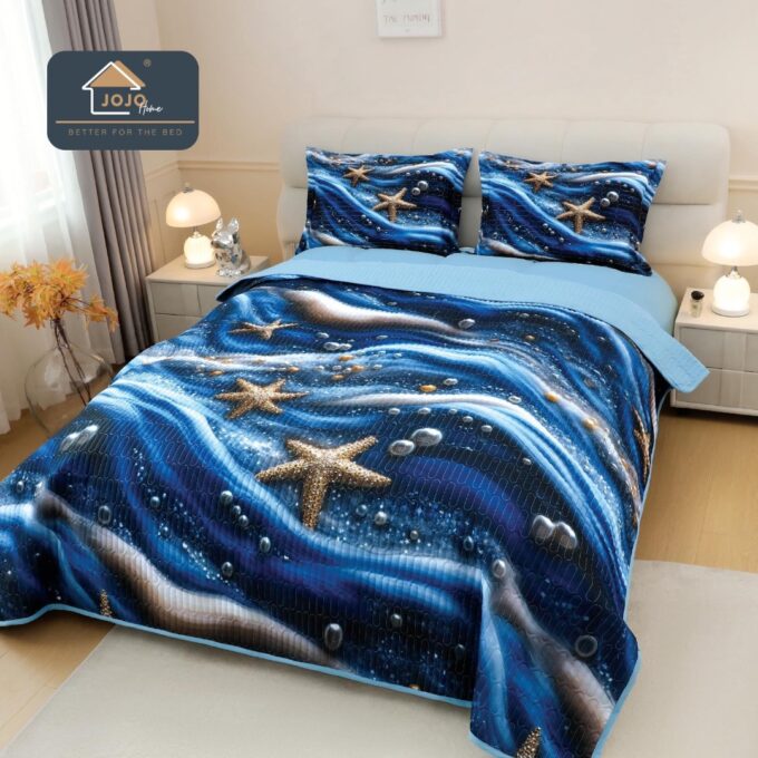 Cuvertura Matlasata, Bumbac Finet, cu Imprimeu 5D, 220x240cm + 2 fete de perna 50x70cm, Bleumarin, Bleu, Magia Craciun in Ocean