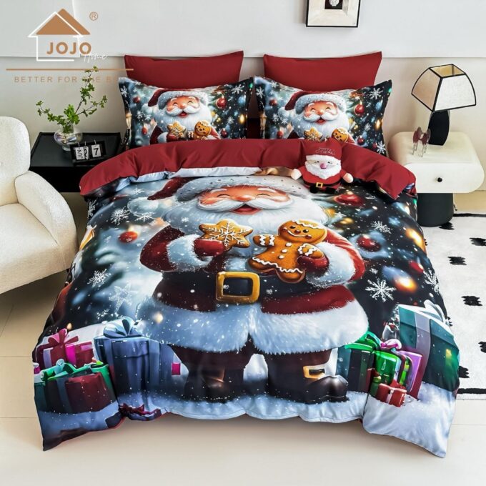 Lenjerie pat dublu, FINET, Imprimeu Digital 5D - Identic cu poza, Cu ELASTIC, 6 piese, Jojo Home, Alb, Rosu, Mos Craciun cu Turta Dulce 1 Lenjerie pat dublu, FINET, Imprimeu Digital 5D - Identic cu poza, Cu ELASTIC, 6 piese, Jojo Home, Alb, Rosu, Mos Craciun cu Turta Dulce