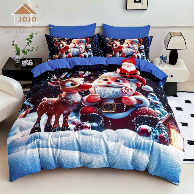 Lenjerie pat dublu, FINET, Imprimeu Digital 5D - Identic cu poza, Cu ELASTIC, 6 piese, Jojo Home, Bleumarin, Bleu, Mos Craciun si Rudolph