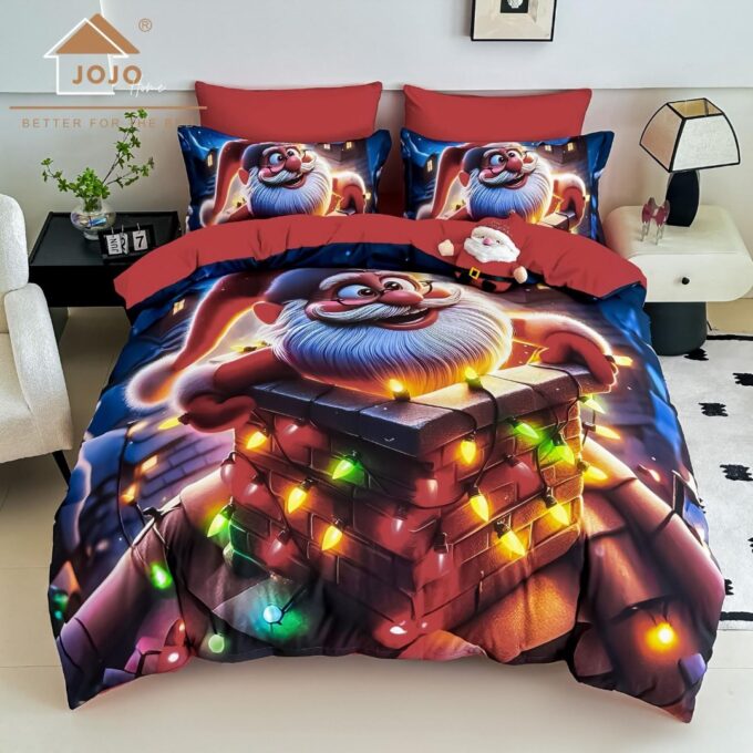 Lenjerie pat dublu, FINET, Imprimeu Digital 5D - Identic cu poza, Cu ELASTIC, 6 piese, Jojo Home, Bleumarin, Rosu, Mos Craciun pe Horn