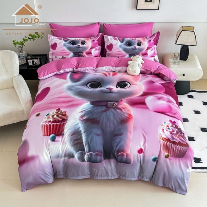 Lenjerie pat dublu, FINET, Imprimeu Digital 5D - Identic cu poza, Cu ELASTIC, 6 piese, Jojo Home, Roz, Pisicuta 1 Lenjerie pat dublu, FINET, Imprimeu Digital 5D - Identic cu poza, Cu ELASTIC, 6 piese, Jojo Home, Roz, Pisicuta