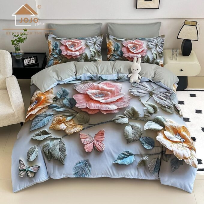 Lenjerie pat dublu, FINET, Imprimeu Digital 5D - Identic cu poza, Cu ELASTIC, 6 piese, Jojo Home, Gri, Trandafiri 1 Lenjerie pat dublu, FINET, Imprimeu Digital 5D - Identic cu poza, Cu ELASTIC, 6 piese, Jojo Home, Gri, Trandafiri