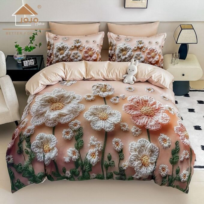 Lenjerie pat dublu, FINET, Imprimeu Digital 5D - Identic cu poza, Cu ELASTIC, 6 piese, Jojo Home, Bej, Flori Tricotate