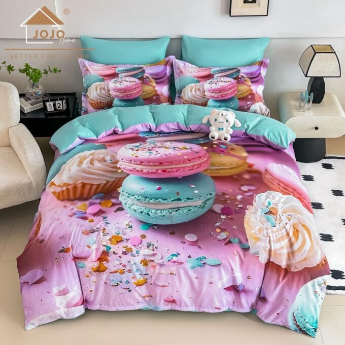 Lenjerie pat dublu, FINET, Imprimeu Digital 5D - Identic cu poza, Cu ELASTIC, 6 piese, Jojo Home, Roz, Bleu, Macarons
