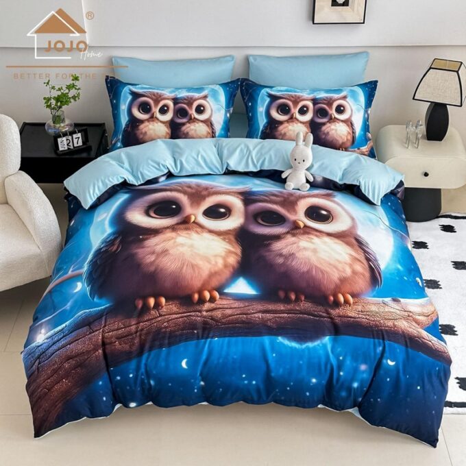 Lenjerie pat dublu, FINET, Imprimeu Digital 5D - Identic cu poza, Cu ELASTIC, 6 piese, Jojo Home, Albastru, Bufnite