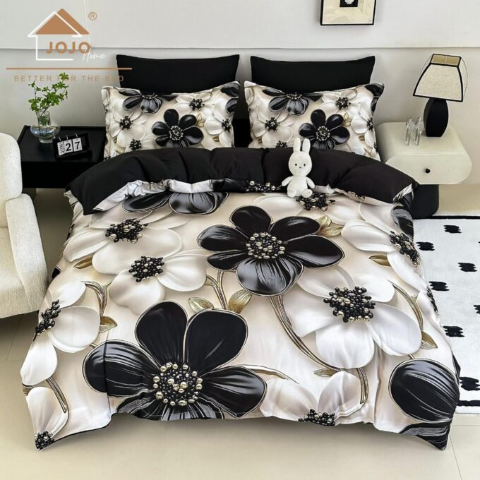 Lenjerie pat dublu, FINET, Imprimeu Digital 5D - Identic cu poza, Cu ELASTIC, 6 piese, Jojo Home, Alb, Negru, Flori 1 Lenjerie pat dublu, FINET, Imprimeu Digital 5D - Identic cu poza, Cu ELASTIC, 6 piese, Jojo Home, Alb, Negru, Flori