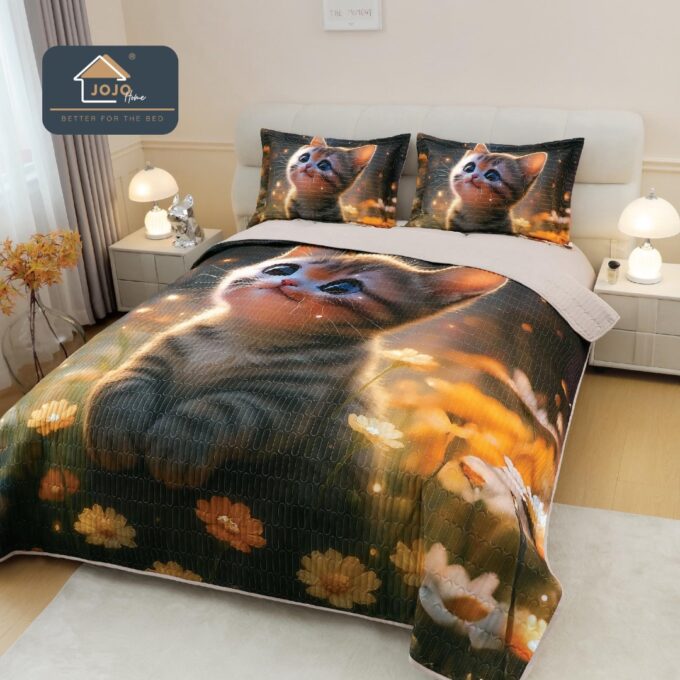 Cuvertura Matlasata, Bumbac Finet, cu Imprimeu 5D, 220x240cm + 2 fete de perna 50x70cm, Bej, Pisicuta