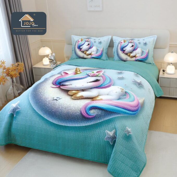 Cuvertura Matlasata, Bumbac Finet, cu Imprimeu 5D, 220x240cm + 2 fete de perna 50x70cm, Bleu, Unicorn