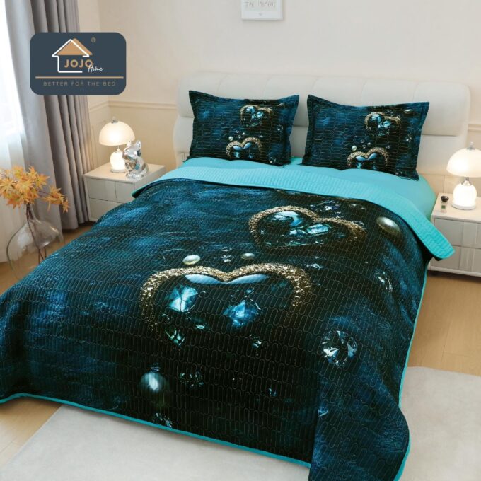 Cuvertura Matlasata, Bumbac Finet, cu Imprimeu 5D, 220x240cm + 2 fete de perna 50x70cm, Turquoise Marin, Heart of Ocean