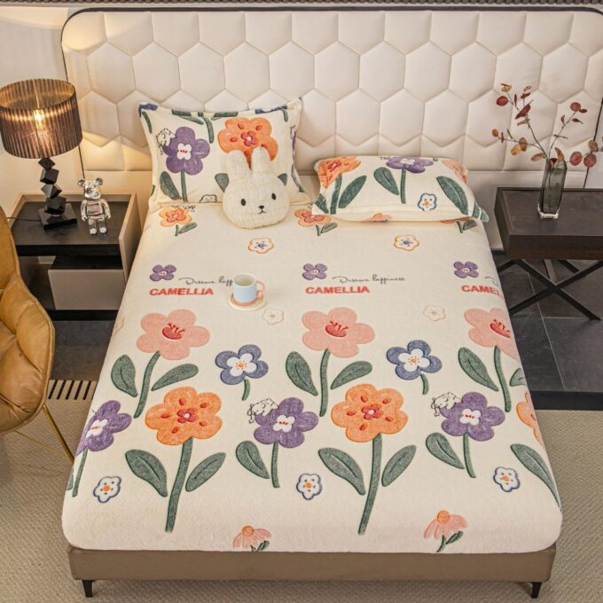 Cearsaf CoCoLiNo, JoJo Home, cu Elastic, 180x200x25cm, 2 fete de perne, 50x70cm, Crem, Multicolor, Flori