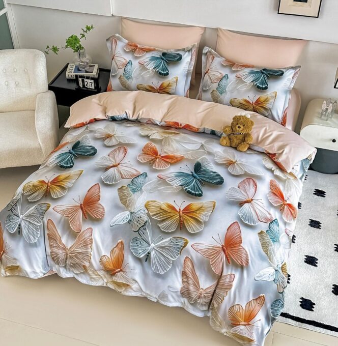 Lenjerie pat single,  FINET, Imprimeu Digital - Identic cu poza, 4 piese, cu ELASTIC, Jojo Home, Gri, Bej, Fluturi