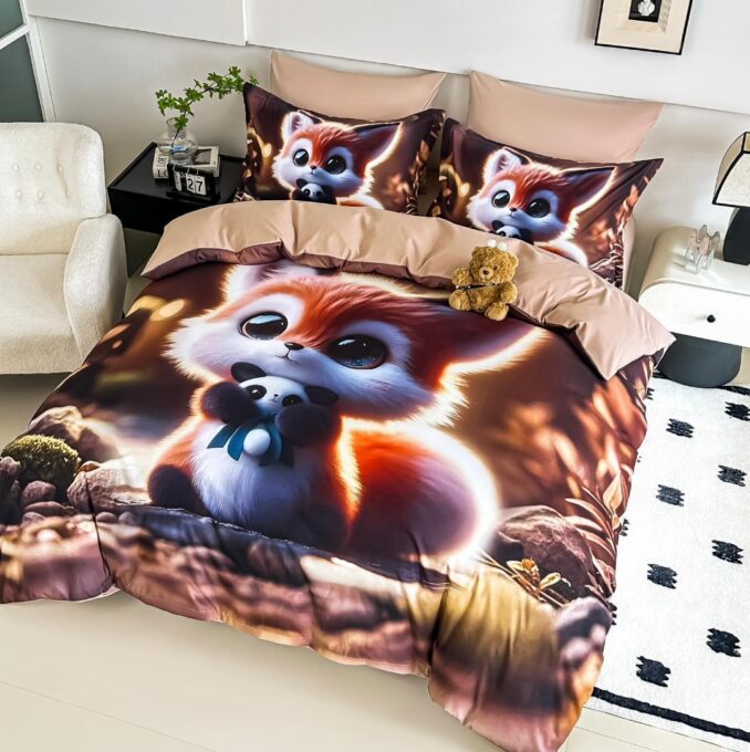 Lenjerie pat single,  FINET, Imprimeu Digital - Identic cu poza, 4 piese, cu ELASTIC, Jojo Home, Bej, Multicolor, Veverita
