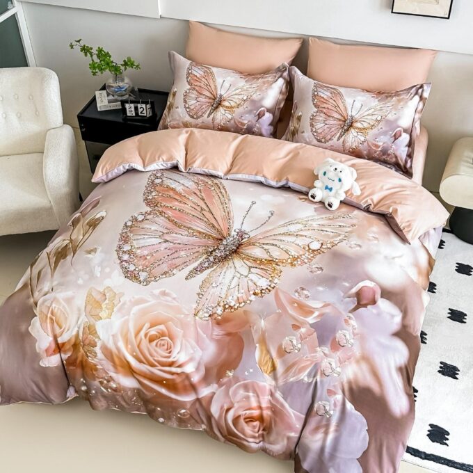 Lenjerie pat single,  FINET, Imprimeu Digital - Identic cu poza, 4 piese, cu ELASTIC, Jojo Home, Sampanie, Fluturi, Trandafiri