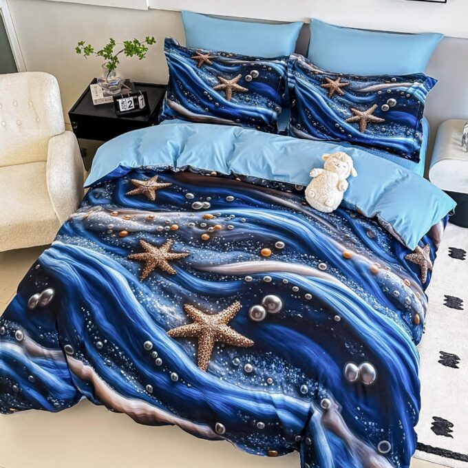 Lenjerie pat single,  FINET, Imprimeu Digital - Identic cu poza, 4 piese, cu ELASTIC, Jojo Home, Albastru, Stelute de Mare, Perle