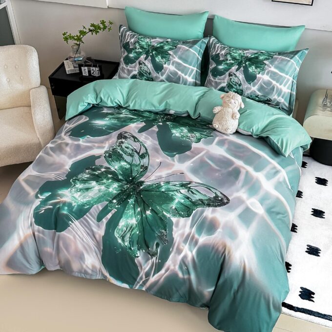 Lenjerie pat single,  FINET, Imprimeu Digital - Identic cu poza, 4 piese, cu ELASTIC, Jojo Home, Aqua, Fluturi