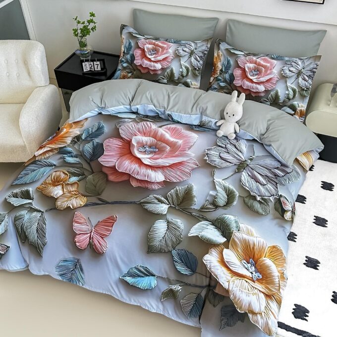 Lenjerie pat single,  FINET, Imprimeu Digital - Identic cu poza, 4 piese, cu ELASTIC, Jojo Home, Gri, Flori Brodate