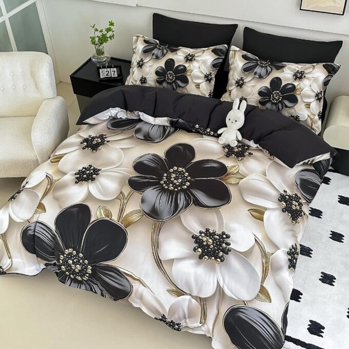 Lenjerie pat single,  FINET, Imprimeu Digital - Identic cu poza, 4 piese, cu ELASTIC, Jojo Home, Alb, Negru, Flori