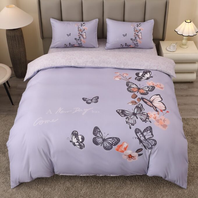 Lenjerie pat dublu, FINET, Imprimeu Digital 5D - Identic cu poza, Cu ELASTIC, 4 piese, Lila, Fluturi