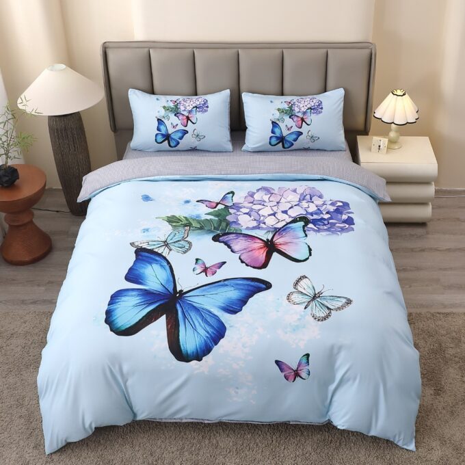 Lenjerie pat dublu, FINET, Imprimeu Digital 5D - Identic cu poza, Cu ELASTIC, 4 piese, Bleu, Fluturi si Hortensie 1 Lenjerie pat dublu, FINET, Imprimeu Digital 5D - Identic cu poza, Cu ELASTIC, 4 piese, Bleu, Fluturi si Hortensie