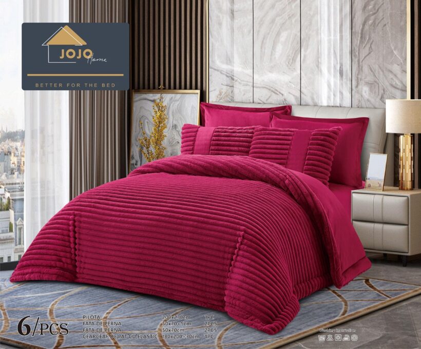 Lenjerie de pat cu Pilota Inclusa, Jojo Home, Cearceaf cu Elastic, 6 Piese, Blana de Iepure Artificiala, Rosu 1 Lenjerie de pat cu Pilota Inclusa, Jojo Home, Cearceaf cu Elastic, 6 Piese, Blana de Iepure Artificiala, Rosu