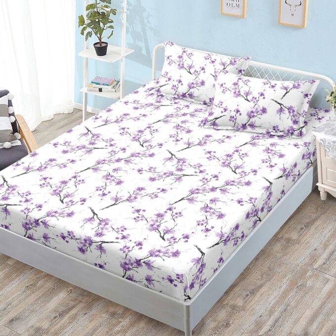 Cearsaf cu Elastic, Bumbac Satinat, 160x200 cm + 2 Fete de Perna 50x70 cm, Alb, floricele mov