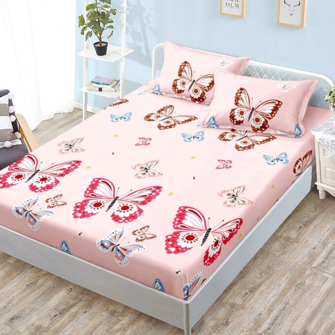 Cearsaf cu Elastic, Bumbac Satinat, 160x200 cm + 2 Fete de Perna 50x70 cm, Roz, fluturi