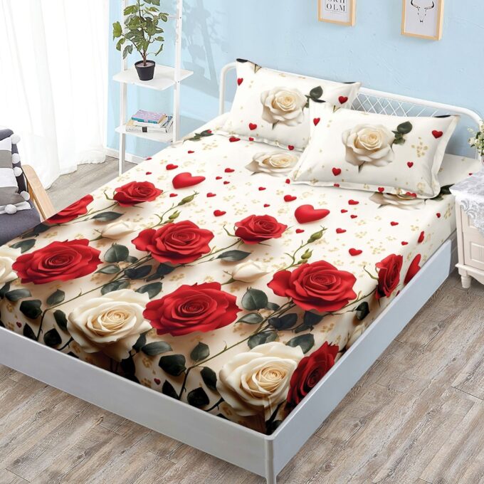 Cearsaf cu Elastic, Bumbac Satinat, 160x200 cm + 2 Fete de Perna 50x70 cm, Crem, trandafiri