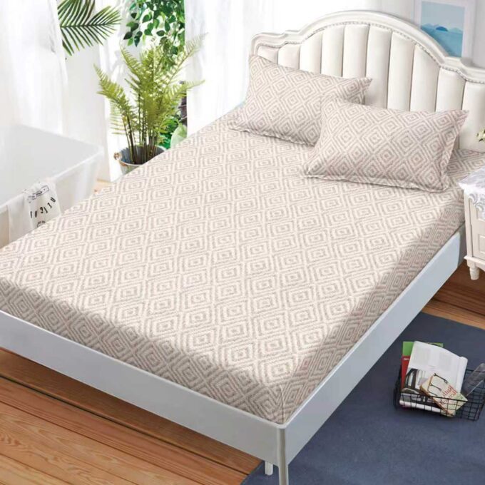 Cearsaf cu Elastic, Bumbac Satinat, 180x200 cm + 2 Fete de Perna 50x70 cm, Crem, carouri