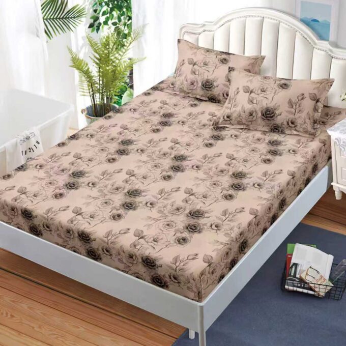 Cearsaf cu Elastic, Bumbac Satinat, 180x200 cm + 2 Fete de Perna 50x70 cm, Bej, trandafiri 1 Cearsaf cu Elastic, Bumbac Satinat, 180x200 cm + 2 Fete de Perna 50x70 cm, Bej, trandafiri