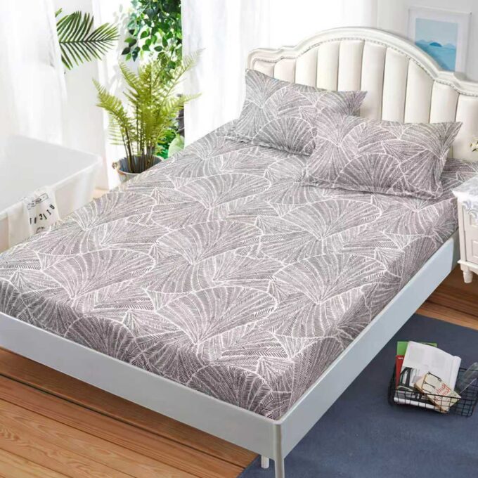 Cearsaf cu Elastic, Bumbac Satinat, 180x200 cm + 2 Fete de Perna 50x70 cm, Purpuriu, frunze 1 Cearsaf cu Elastic, Bumbac Satinat, 180x200 cm + 2 Fete de Perna 50x70 cm, Purpuriu, frunze