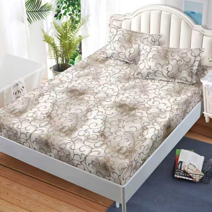 Cearsaf cu Elastic, Bumbac Satinat, 180x200 cm + 2 Fete de Perna 50x70 cm, Bej, abstract
