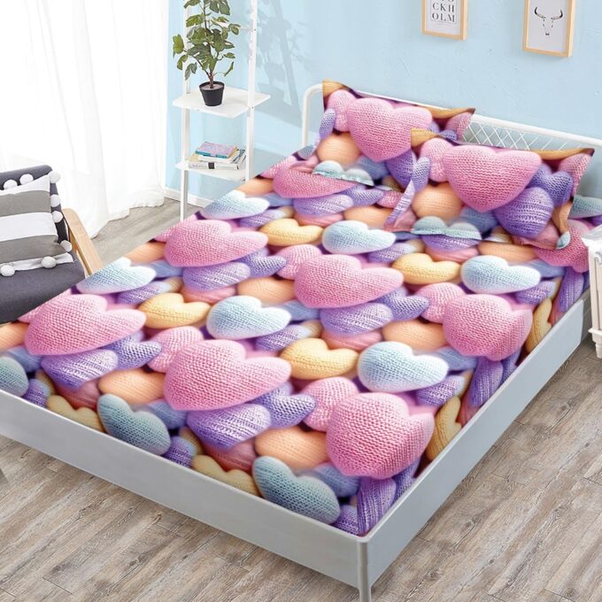 Cearsaf cu Elastic, Bumbac Satinat, 160x200 cm + 2 Fete de Perna 50x70 cm, Roz, inimioare
