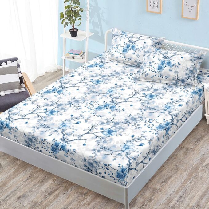 Cearsaf cu Elastic, Bumbac Satinat, 160x200 cm + 2 Fete de Perna 50x70 cm, Alb, Albastru, floricele
