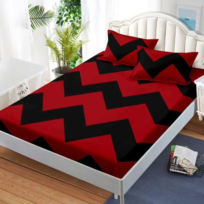 Cearsaf cu Elastic, Bumbac Satinat, 160x200 cm + 2 Fete de Perna 50x70 cm, Negru, Rosu, zig-zag 1 Cearsaf cu Elastic, Bumbac Satinat, 160x200 cm + 2 Fete de Perna 50x70 cm, Negru, Rosu, zig-zag