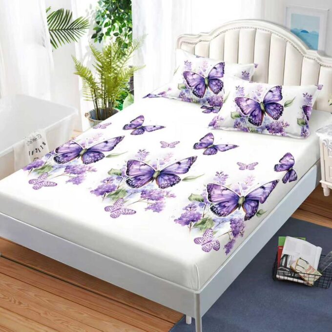 Cearsaf cu Elastic, Bumbac Satinat, 160x200 cm + 2 Fete de Perna 50x70 cm, Alb, fluturi mov