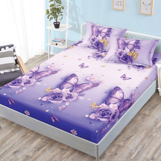 Cearsaf cu Elastic, Bumbac Satinat, 160x200 cm + 2 Fete de Perna 50x70 cm, Mov, fluturi