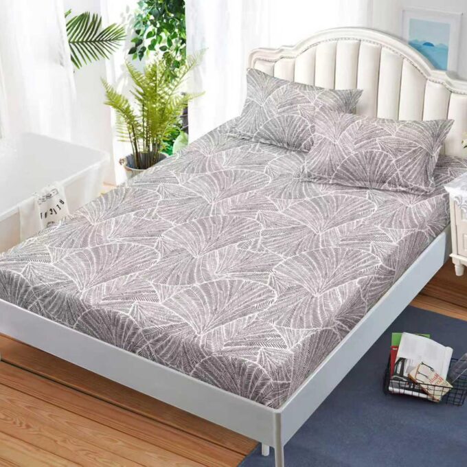 Cearsaf cu Elastic, Bumbac Satinat, 160x200 cm + 2 Fete de Perna 50x70 cm, Bej, frunze