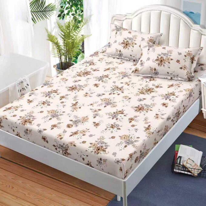 Cearsaf cu Elastic, Bumbac Satinat, 160x200 cm + 2 Fete de Perna 50x70 cm, Crem, floricele