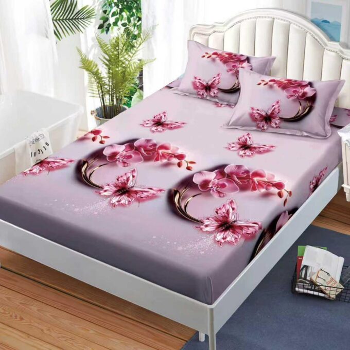 Cearsaf cu Elastic, Bumbac Satinat, 160x200 cm + 2 Fete de Perna 50x70 cm, Mov, fluturi 1 Cearsaf cu Elastic, Bumbac Satinat, 160x200 cm + 2 Fete de Perna 50x70 cm, Mov, fluturi