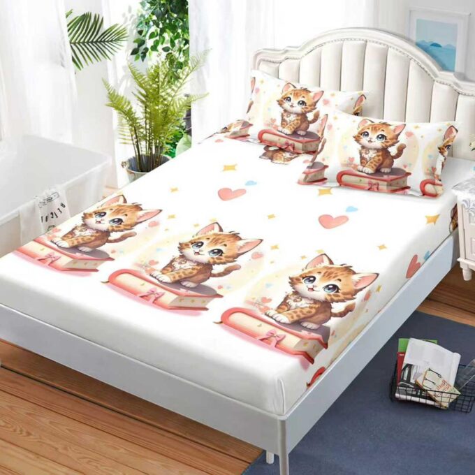 Cearsaf cu Elastic, Bumbac Satinat, 160x200 cm + 2 Fete de Perna 50x70 cm, Alb, pisicute