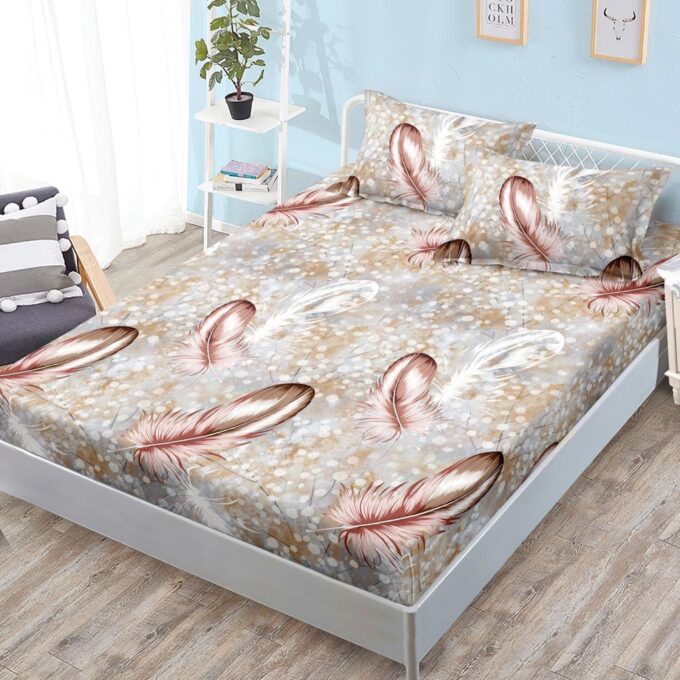Cearsaf cu Elastic, Bumbac Satinat, 160x200 cm + 2 Fete de Perna 50x70 cm, Bej, abstract