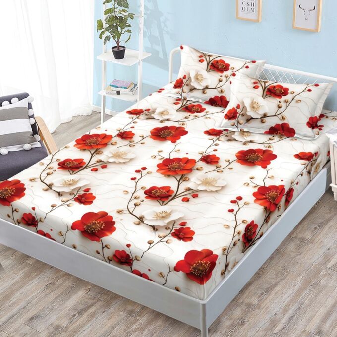 Cearsaf cu Elastic, Bumbac Satinat, 160x200 cm + 2 Fete de Perna 50x70 cm, Crem, flori