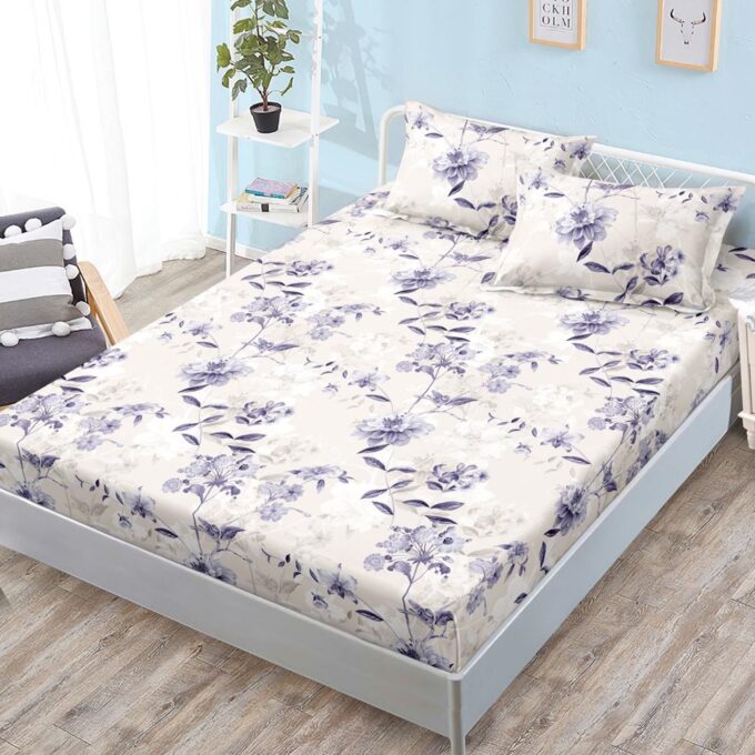 Cearsaf cu Elastic, Bumbac Satinat, 160x200 cm + 2 Fete de Perna 50x70 cm, Bej, flori mov