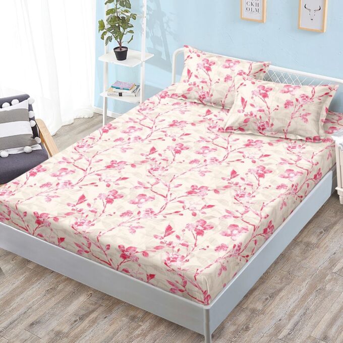 Cearsaf cu Elastic, Bumbac Satinat, 160x200 cm + 2 Fete de Perna 50x70 cm, Bej, flori roz